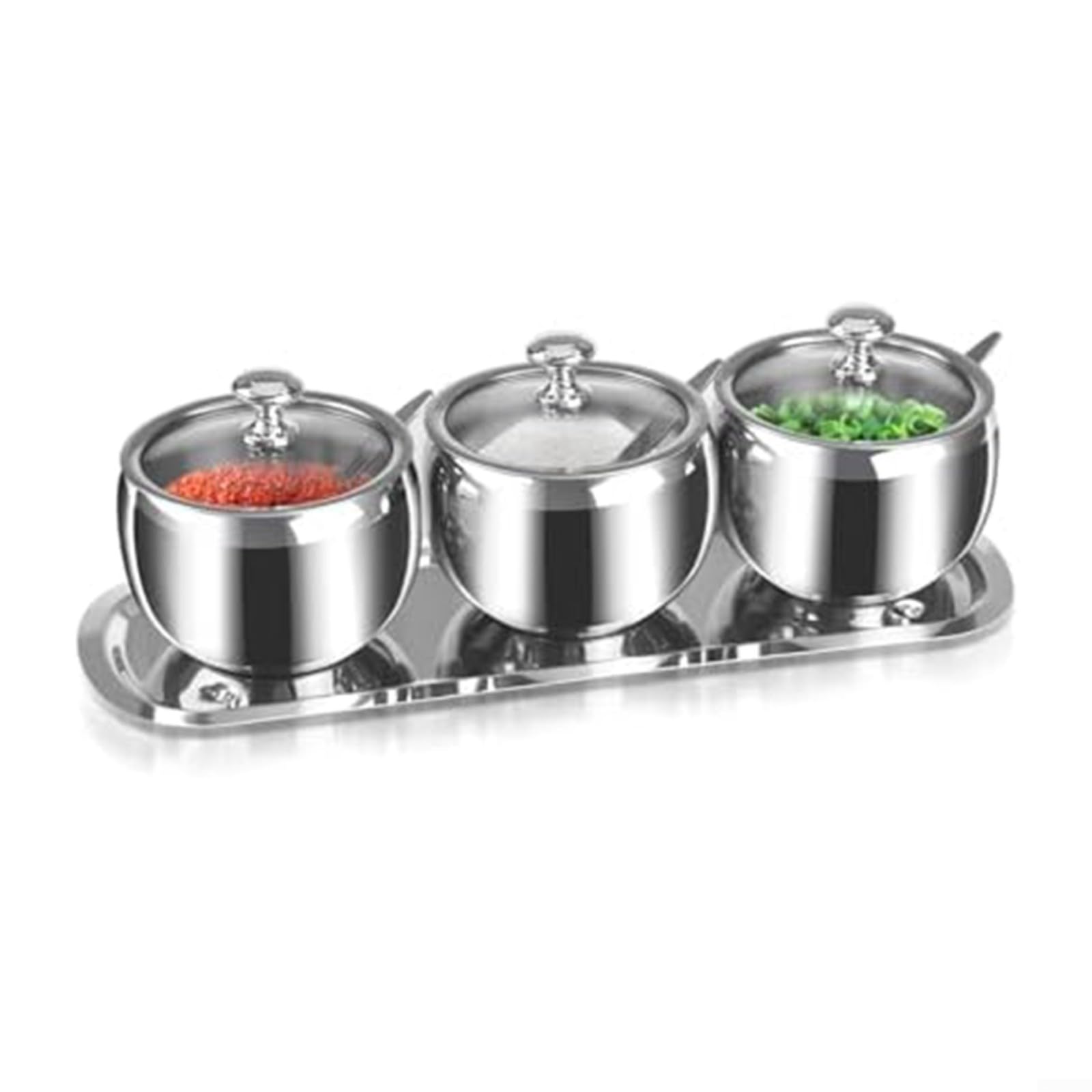 Zuckerdosen-Set aus Edelstahl mit Löffel und Tablett, 3 Fächer, Gewürz-Organizer für Salz und Gewürze, 300 ml, Küchenbehälter, Silber (drei)
