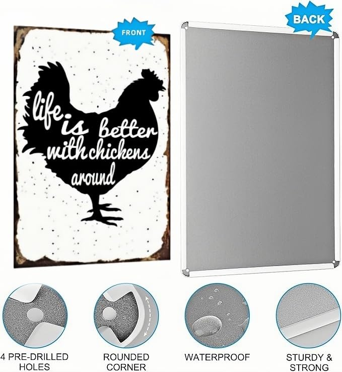 Vintage Metal Tin Sign Funny Sarcastic Party Wall Art Decor Signs "Life is Better with Chickens" Vintage Metal Sign, 8x12 Inch Wall Art, Perfect for Farmhouse, Kitchen, Country Home Decor, and Chicken Coop Decoration