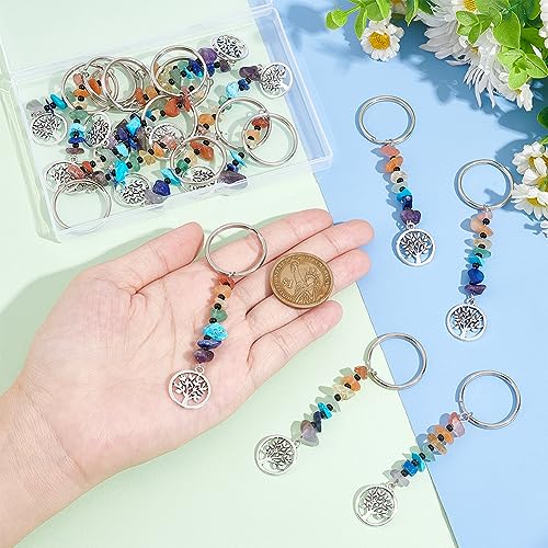 UNICRAFTALE 16Pcs 7 Chakra Keyring Crystal Gemstone Chips Keychains with Alloy Charms Pendants Findings Flat Round with Tree of Life Keychain Key Chain Stone Charmes Keychain Charm Gift - Image 4