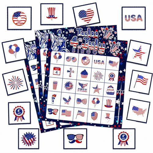 4th of July Bingo Game Cards, 24 Players Patriotic Bingo Cards, Fourth of July Bingos Game for Adults Outdoor Family Friends Student Large Group Activities Independence Day Party Favors Supplies