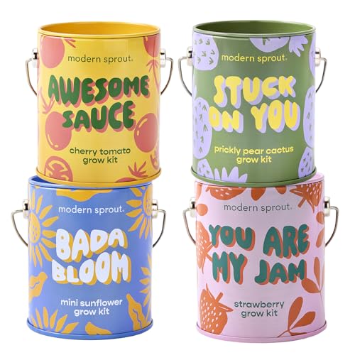 Modern Sprout Complimentary Color Grow Kits (Pack of 4) - Gift for Plant Lovers - Seed Starter Kit - Includes Organic Strawberry Tomato Sunflower & Cactus Seeds - Gardening Gifts that Grows with Love