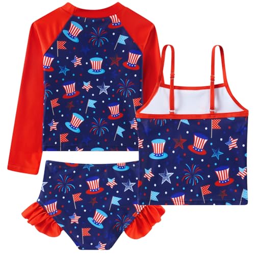 Image of Funnycokid Girls Swimsuit 3 Pieces Long Sleeve Rash Guard Set Tankini Bathing Suits Summer Kids Swimwear 3-10 Years
