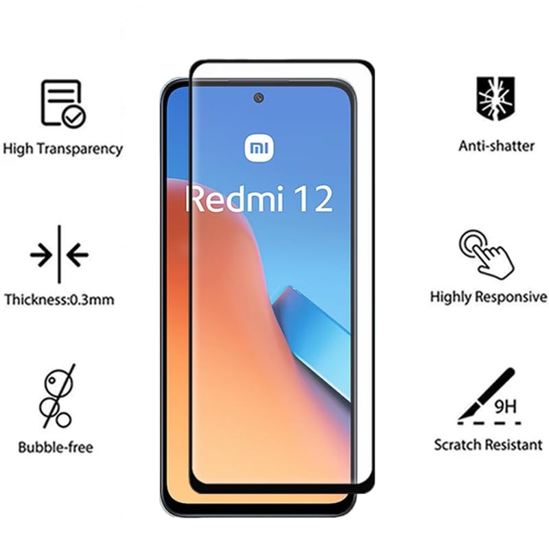 Image of Casodon Designed for Redmi 12 5G /Redmi Mi 12 5G Tempered Glass Screen Protector Guard (Black) Full Screen Coverage with Easy Installation Kit