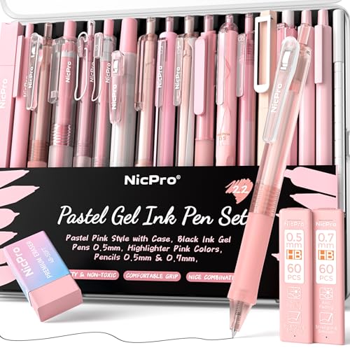 Nicpro-22PCS-Pink-Gel-Ink-Pen-Set-Cute-Aesthetic-Pen-05mm-12-Pink-Pens-Black-Ink-with-2-Highlighter-and-2-Mechanical-Pencil-05-07mm-Fine-Point-Smooth-Writing-Pens-for-Girls-Pink-Office-Supplies