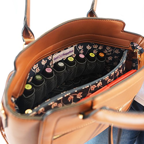 Got Oil Supplies Essential Oils Carrying Bag - Shopper Bag with Shoulder Strap and Storage Pouches for 16 Bottles - Travel Purse - Makeup Carrier and Organizer - Gift Bags for Oilers (Brown)