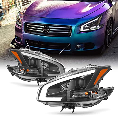 AKKON - Fits 2009-2014 Nissan Maxima LED DRL Light Tube Projector Front Headlamps - Black Housing