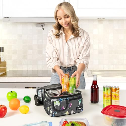 opux Lunch Bag Women Insulated, Adult Lunch Box Cooler, Flower Lunch Box, Dual Compartment Lunchbox for Work, Leakproof Double Decker Lunch Bag, Soft Lunch Pail Tote Girls Kids School, Floral Gray - Thumbnail 4
