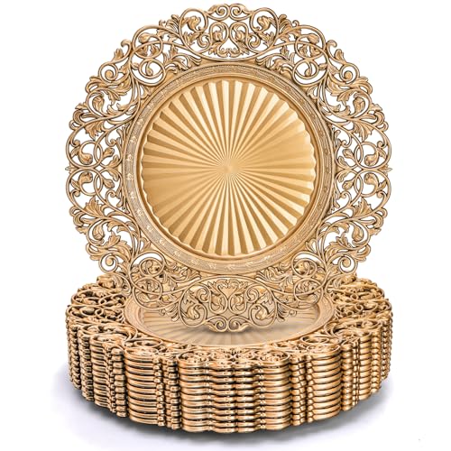 Foraineam Gold Charger Plates Set of 12, 13' Round Plastic Dinner Chargers, Decorative Hollowed Out Flowers Serving Plates for Table Setting, Catering, Wedding, Party, Event