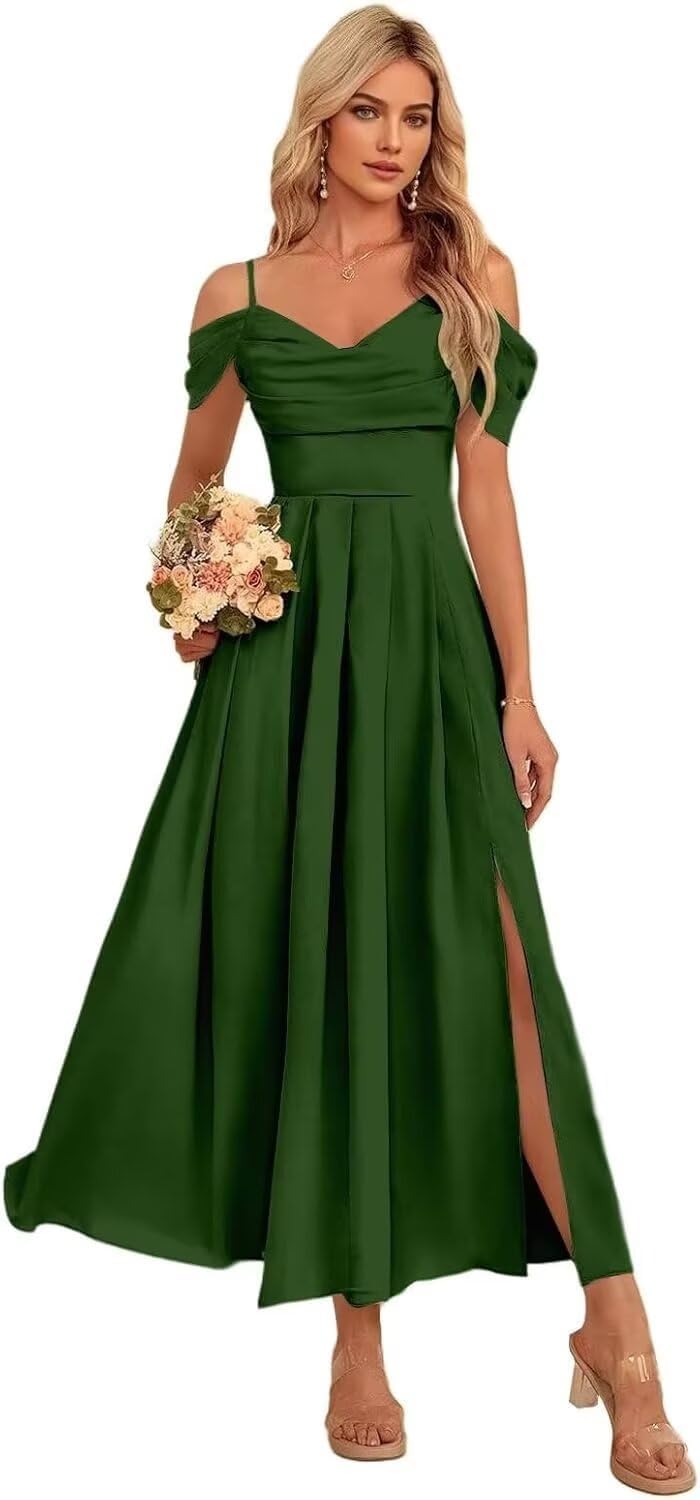 Women's Cold Shoulder Plus Size Bridesmaid Dresses with Pocket 2026 Emerald Green Chiffon Ruffles Prom Dresses for Teens Tea Length Long Side Slit Evening Party Gowns Long US Size 26W