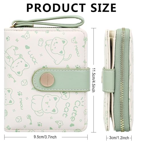 Image of Farcauo Cat Pattern Wallet for Women and Ladies Small Cute Kawaii Green Coin Purse with ID Window and Credit Card Holder Compact Wallet for Women and Ladies