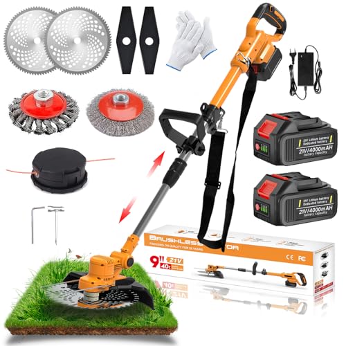 Coupe Bordure sans Fil avec Batterie Brushless Débroussailleuse à Batterieavec 21V 2 Batteries, Débroussailleuse Electrique sans Fil pour la Coupe 90° Poignée Réglable, pour Jardin Élagage