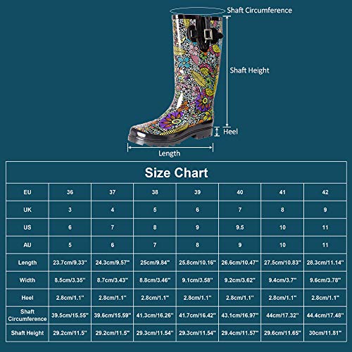 SheSole Waterproof Garden Shoes Rubber Rain Boots for Women Mid Calf Tall Galoshes Wellies Floral Printed Black US Size 7 - Thumbnail 6