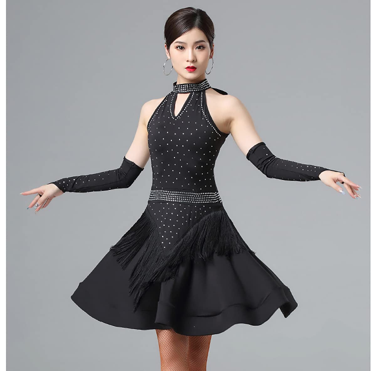 Abiti da Ballo Latino Senza Maniche A Collo Alto da Donna Abito da Concorso Latino Ballroom Salsa Samba Cha Cha Gonna Altalena Flamenco Dress Vestito di Performance