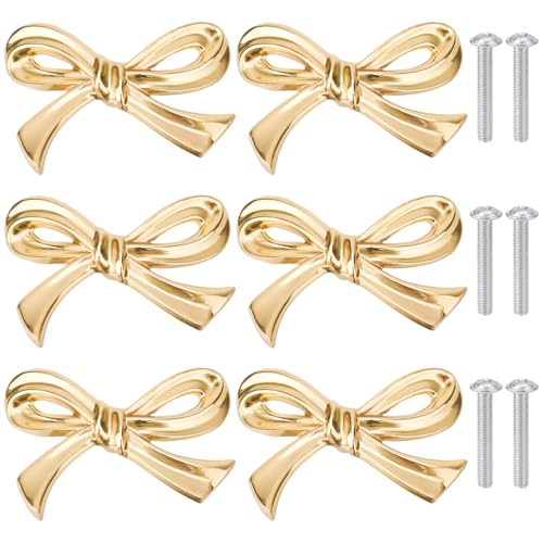 Image of 6pcs Bow Shape Cabinets Knobs, Brass Bow Furniture Door Pulls Vintage Gold Drawer Knobs Decorative Bow Dresser Handle Gold Bow Hardware for Dresser Home Kitchen Cupboard Drawer Wardrobe Pulls