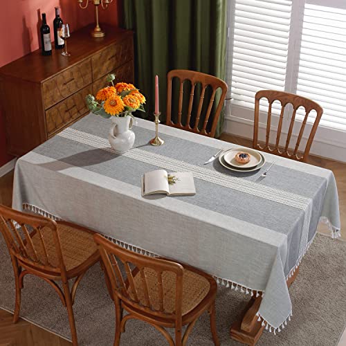 Image of Laolitou Tablecloths,Stitching Tassel Table Cloth,Cotton Linens Wrinkle Free Table Cover Decoration for Kitchen Dinning Party Grey Stripes Rectangle,55''x 86'',6-8 Seats