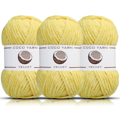 Velvet Yarn for Crocheting – CocoYarn - Chenille Chunky Yarn for Hand Knitting, Fluffy Soft Plush Amigurum Bulky Baby Blanket Yarn for Crochet 100g -131yds (3, Yellow-13)