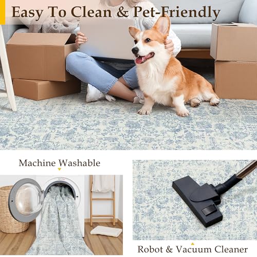Blue Runner Rug 3x7 Hallway Machine Washable Kitchen Vintage Distressed Non Slip Long Carpet Indoor Retro Floral Bedroom Accent Throw Rug for Bathroom Office Laundry Dining Room