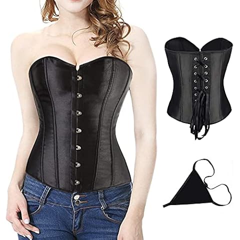 Bustier Corset Women Sport Workout Body Shaper Tummy Control Lace up Floral Embroidery Boned Corsets + G-string(Black) Cover