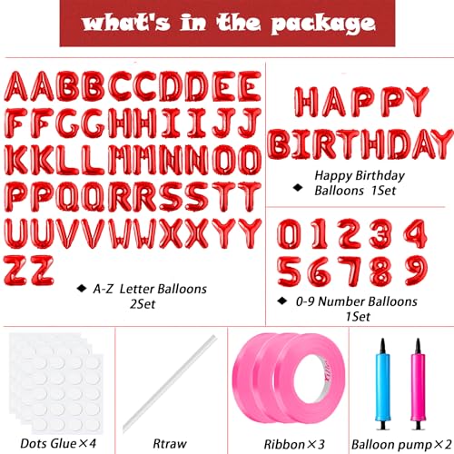 Image of Happy Birthday Balloon Banner Custom Phrase Balloons letter 16 inch Personalized Alphabet Letters Foil Mylar Balloons (Red)