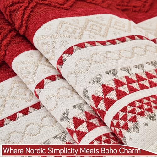 Image of HOKIPO Bohemian Jacquard Weave Sofa Cover Mat with Tassel for 1 /2 /3 Seater & L Shape Sofa | Anti-Slip DIY Sofa Cover Set | 'NordicTassel Series' | 90(W) x 170(L) cm | Ruby Cream (AR-6555-RED)