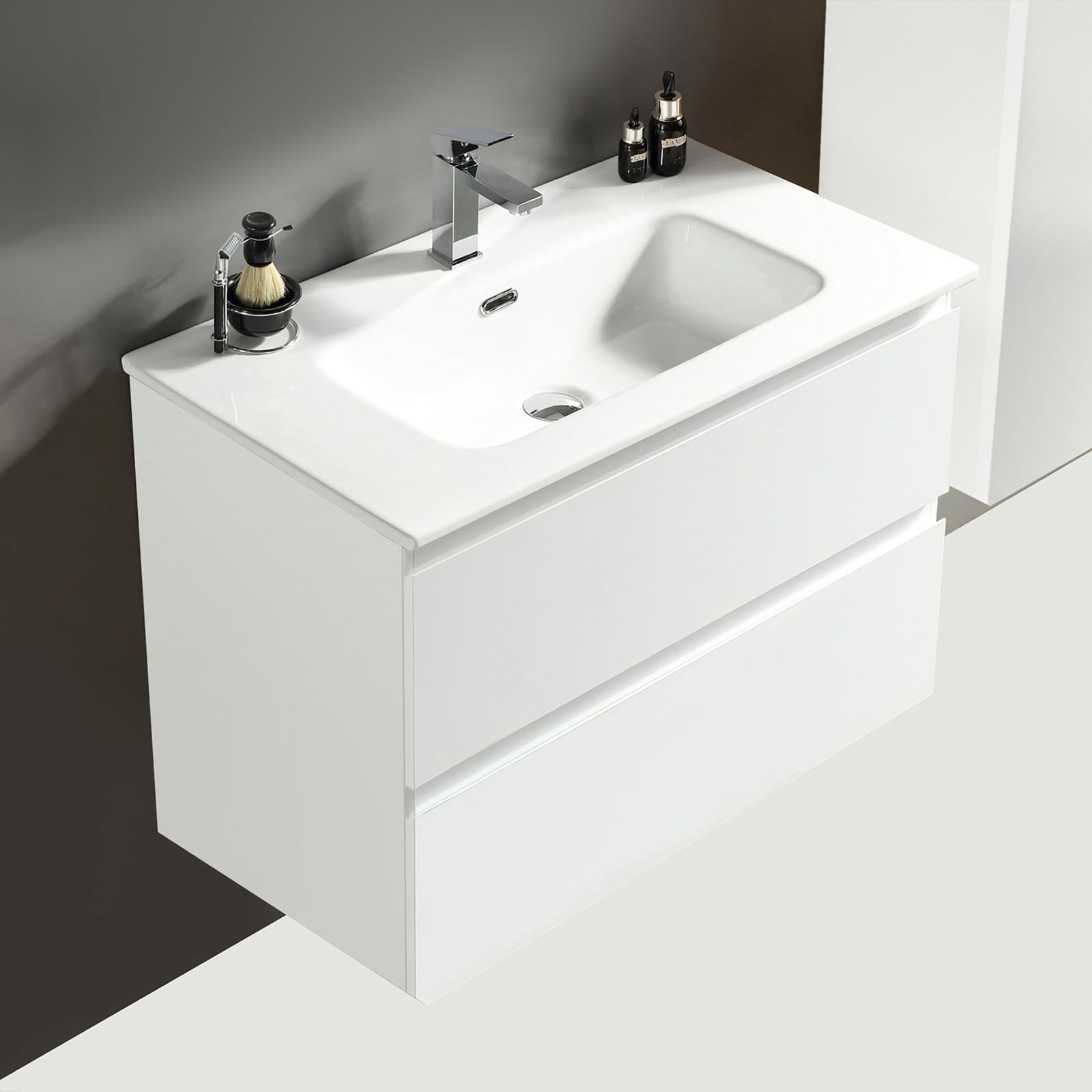 Alpenberger Waschbecken mit Unterschrank 80 cm Breit Weiß Glänzend | Aufsatzwaschbecken Waschbeckenunterschrank | Waschtisch Gäste WC Möbel Set | Waschtischunterschrank Hängend