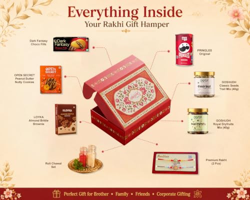 Image of Goshudh Rakhi Gift Hamper for Bhaiya & Bhabhi | 8pc | Classic Seed Trail Mix, Royal Dry Fruit Mix, Pringles, Open Secret Peanut Butter Cookies, Almond Brittle Brownie, Dark Fantasy, Set of 2 Rakhi with Roli Chawal | Raksha Bandhan Gift Box
