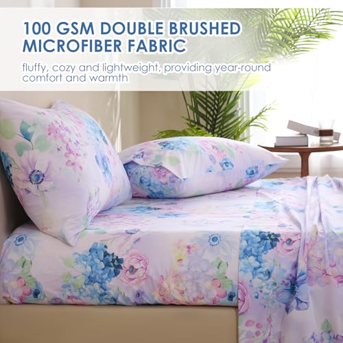 Image of JSD Purple Hydrangea Floral Sheet Set Cal King, 4 Piece Printed Microfiber Bed Sheets Deep Pocket