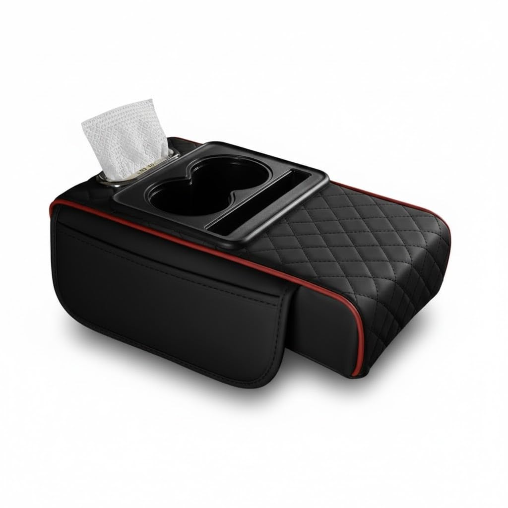 Coussin d'Accoudoir de Voiture pour VW T-Roc (A11 2017-2025 2026), Coussinet de Console Centrale avec Porte-Gobelet et Boîte à Mouchoirs, Housse d'Accoudoir avec Poche Latérale