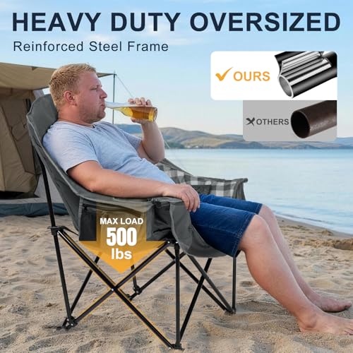 Image of Oversized Camping Chair for Adults, 500 LBS Heavy Duty Folding Chair, Plaid