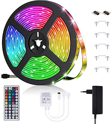 Ruban LED 5m RGB, Bande LED Lumières avec Télécommande IR 44 Touches , 150 LED 5050, Décoration pour la Chambre, la Famille, la Cuisine, la Télévision, la Fête, le Bureau, la Cuisine Cover