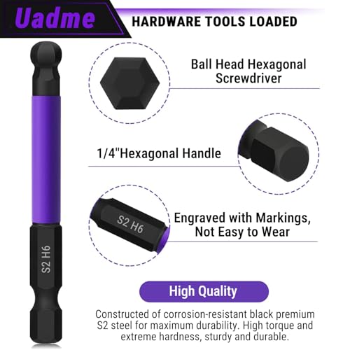 Uadme Ball End Screwdriver Bits Set, 12Pcs S2 Steel Magnetic Allen Key Bit 1/4 Inch Hex Shank - Image 4