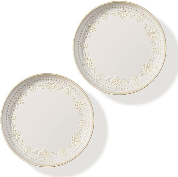 Artena Salad Plates, 8.5 Inch Embossed Ceramic Dinner Plates for Appetizer Dessert, Kitchen Plates With Lipped Edges, Set Of 2, Microwave Oven Dishwasher Safe (Damask Floral)