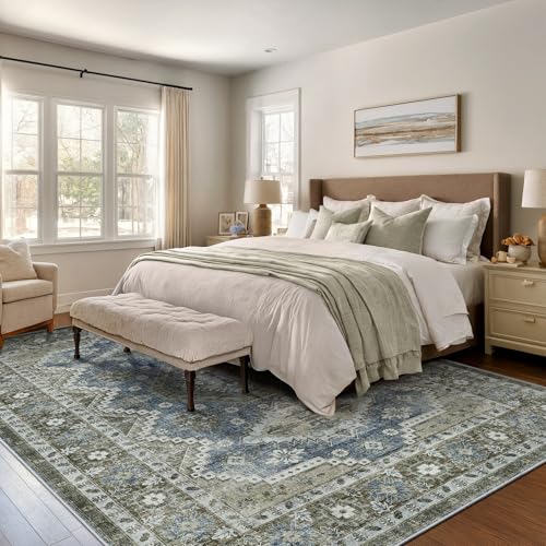 Rugland 8x10 Area Rugs - Stain Resistant Washable Rug, Anti Slip Backing Rugs for Living Room, Vintage Tribal Area Rugs(TPR07-Green, 8'x10')