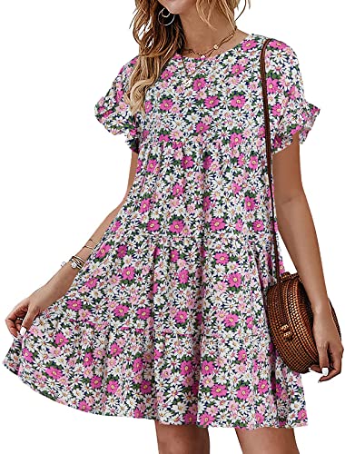 Image of Imysty Womens Boho Floral Ruffle Sleeve Babydoll Loose Flowy Casual Summer Pleated Mini Dress