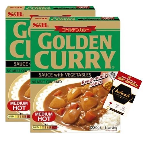 S&B Golden Curry Sauce with Vegetables Medium Hot 2x230g + Mini Ricettario Giapponese Incluso, Curry Giapponese Vegetale in Dadi, Salsa Facile e Veloce - beebunch