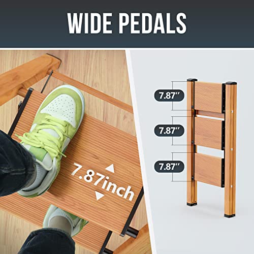 Woa Woa 3 Step Ladder, Lightweight Aluminum Stepladder With Widen Pedal, Anti-Slip Portable Folding Ladders, Multi-Use Step Stool For Home Kitchen Office 330Lbs - Wood Grain #TOP5