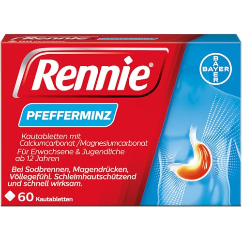 Rennie Pfefferminz | Sodbrennen Völlegefühl und saures Aufstoßen | wirkt in Minuten | schützt die Schleimhaut | 60 Kautabletten