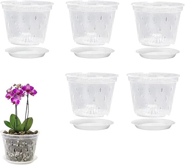 Orchid Pots, Clear Orchid Pots with Holes and Saucers, Plastics Breathable Slotted Orchid Planter Indoor Outdoor 5 Sets Flower Pots