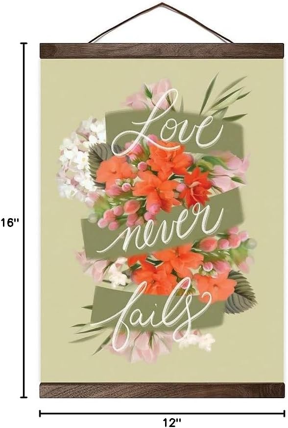 Love Never Fails Hanging Poster Canvas Print Ready to Hang, Floral Wall Decor, 12"x16"