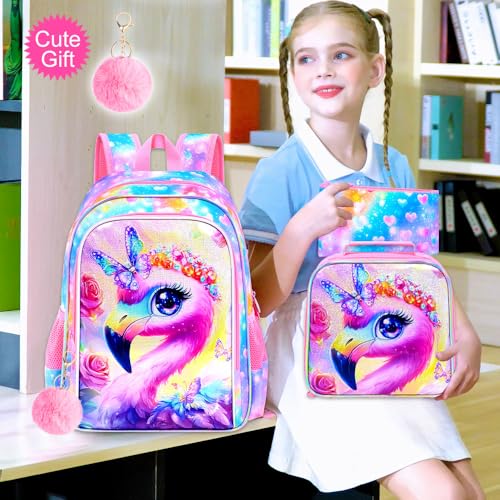Image of 16 inch Flamingo Backpack for Girls, 3Pcs School Bookbag Set with Lunch Box, Kids Backpacks for Elementary Preschool Kindergarten (Rainbow)
