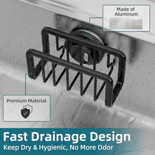 Image of TAILI Black Sponge Holder for Kitchen Sink with Strong Suction Cup | Removable Sink Caddy for Kitchen Sink Oganizer, Rustproof Aluminum Sink Sponge Holder for Scraper Brushes, Stoppers