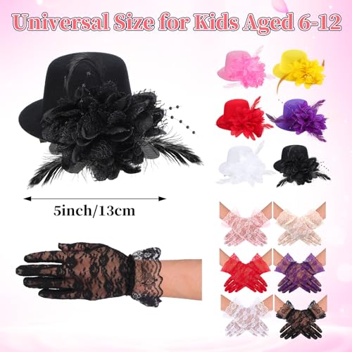 JaGely 12 Pcs Tea Party Fascinator Set Flower Mesh Ribbons Feathers Tea Party Hats for Girls with Lace Gloves for Girls Kids (Bright Color)2