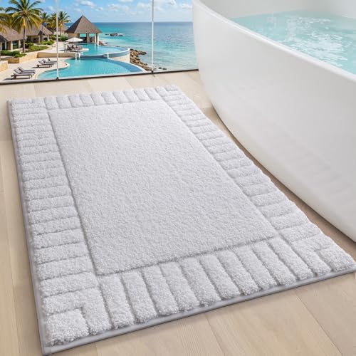 LUMI weicher Badematte, rutschfest Badezimmerteppich, saugfähiger Mikrofaser Badteppich, maschinenwaschbar schnelltrocknend Badvorleger für Badewanne, Dusche, Weiß, 60 x 90 cm