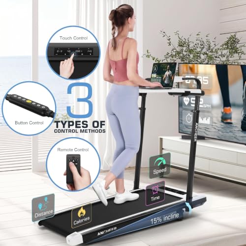 Image of ANCHEER Walking Pad Treadmill with Desk, 3.5HP Foldable Treadmill with 15% Incline & Handle Bar, Ultra-Quiet, 450LBS Capacity, 2s Quick Folding, Compact Treadmills for Home Office