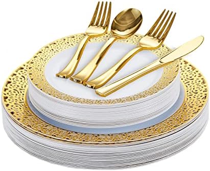 150PCS Famgather White and Gold Plastic Plates Disposable Dinnerware Set with Elegant Lace Plastic Plates for Party Wedding Include 25 Dinner Plates 25 Dessert Plates 25 Knives 25 Spoons 50 Forks