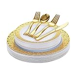 150PCS Famgather White and Gold Plastic Plates Disposable Dinnerware Set with Elegant Lace Plastic P