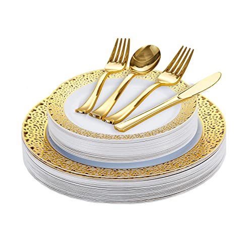 150Pcs Famgather White And Gold Plastic Plates Disposable Dinnerware Set With Elegant Lace Plastic Plates For Party Wedding Include 25 Dinner Plates 25 Dessert Plates 25 Knives 25 Spoons 50 Forks #TOP3