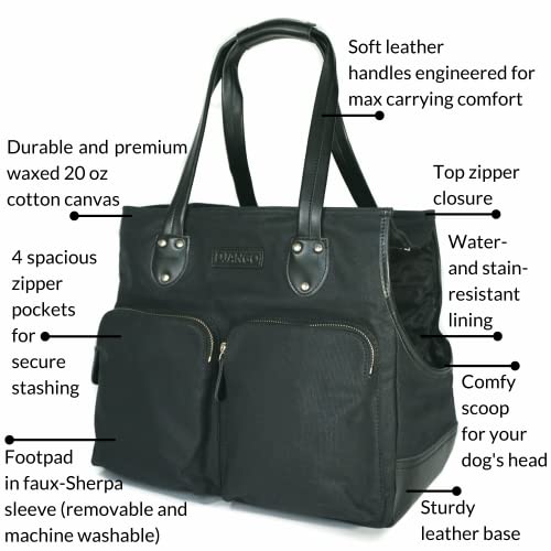 Django Dog Carrier Bag - Waxed Canvas And Leather Soft-Sided Pet Travel Tote With Bag-To-Harness Safety Tether & Secure Zipper Pockets (Large, Black) #TOP7