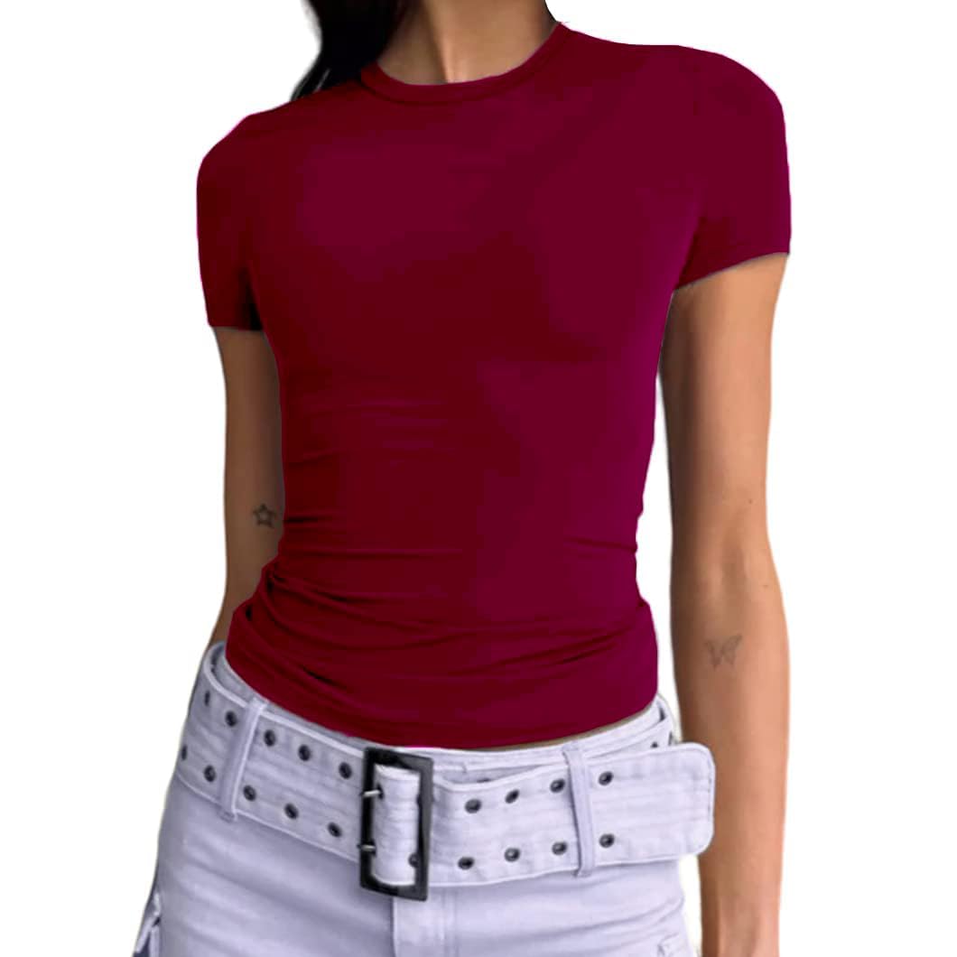 Cuptacc Tshirt Damen Rundhals Basic T Shirt Slim Fit Kurzarm Oberteil | Rundhalsausschnitt,Kurzarm,Slim Fit,Einfarbig,Casual,Basics,Stretch,Komfort,Hautfreundliches,Sommer Mode