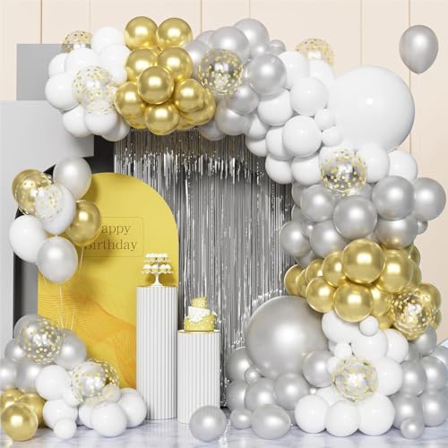 Image of Silver Gold White Chrome and Confetti Balloons Arch Garland Kit - 66 Pcs for Birthday Decoration Anniversary Engagement Wedding Festival Party Decorations | ARV ZONE